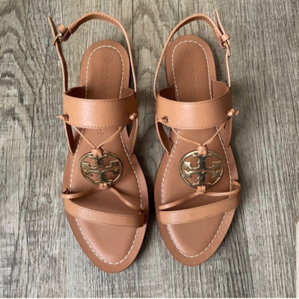 ONLY TRIED ON Tory Burch Two Band Miller Sandals Gold Logo Sling back - Picture 16 of 16